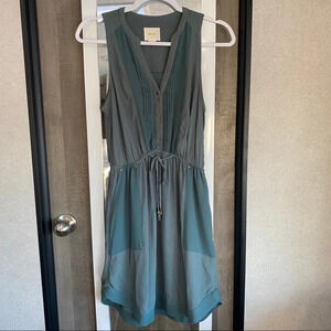 Anthropologie Green Ruched Sundress V-Neck Mini